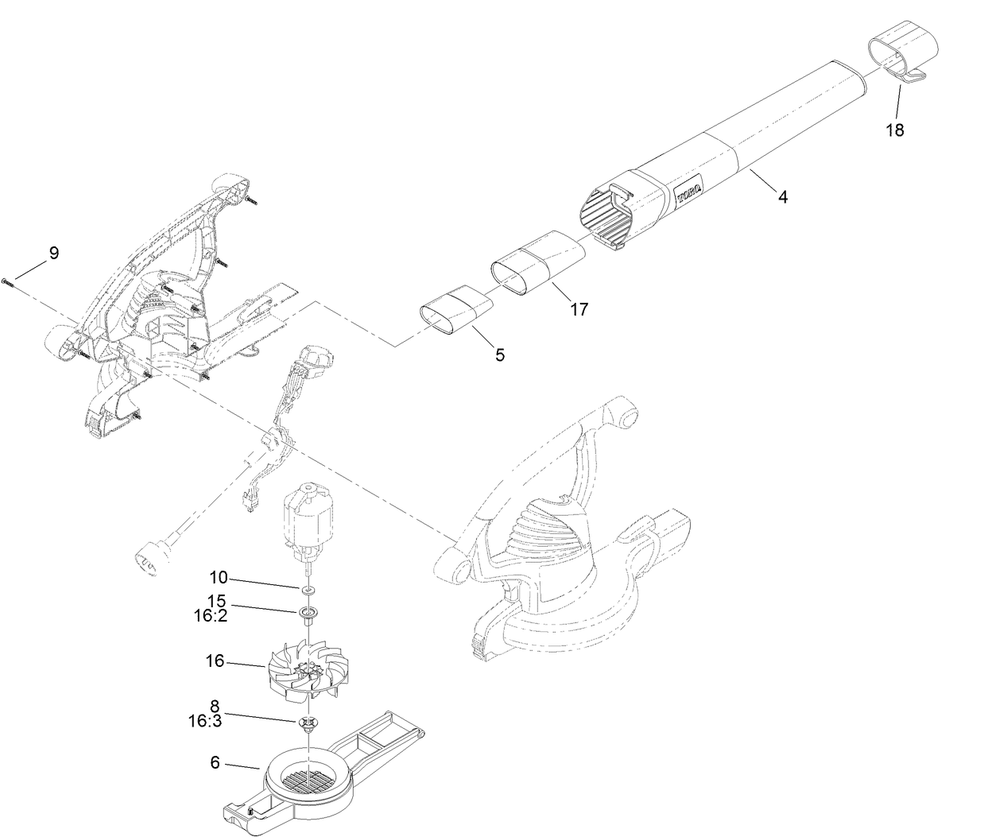 Impeller And Tube Assembly Diagram and Parts List for 51609 (315000001 - 315999999)(2015) Lawn Boy Leaf Blower / Vacuum